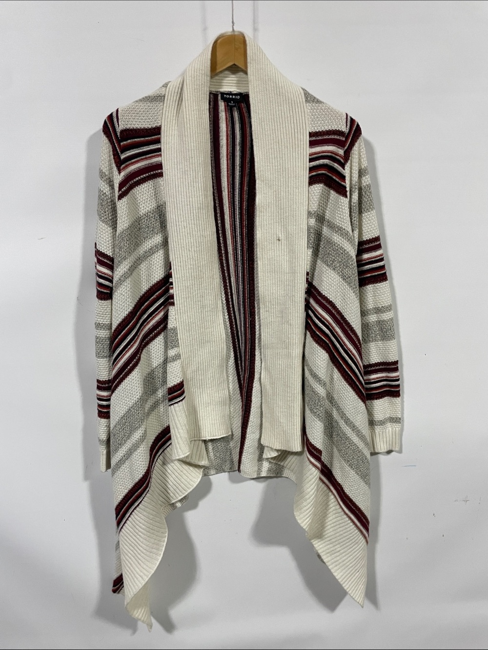 torrid Cream Cardigan with Burgundy and Gray Stripes